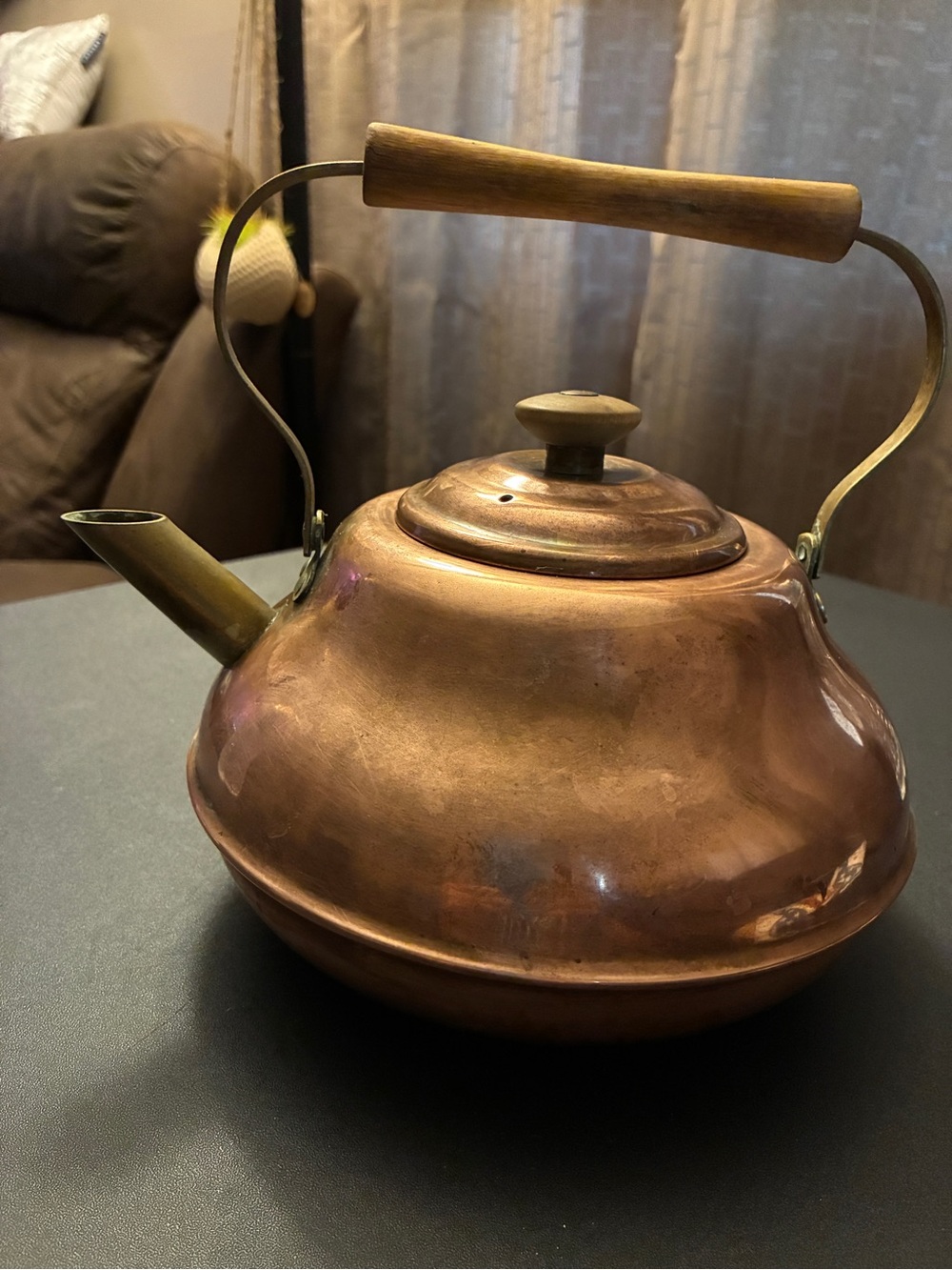 Vintage-Style Copper Teakettle with Wooden Handle 7” x 6”